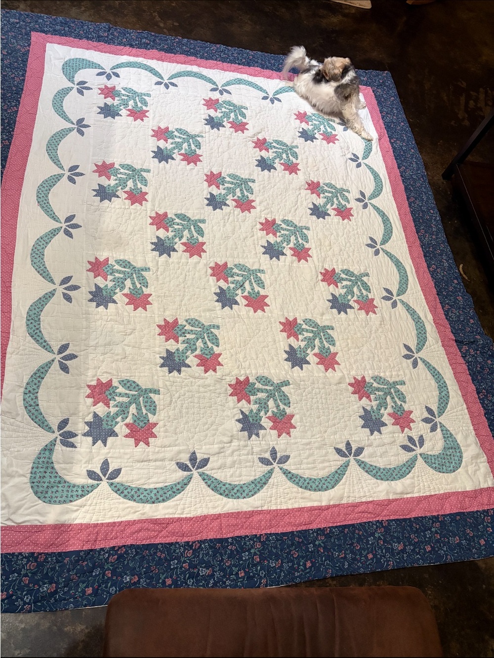 Classic Floral Patchwork Quilt in White, Pink & Teal - Home Bedding